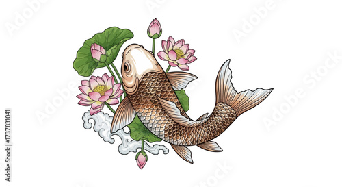 Watercolor illustration of a koi fish with lotus flowers and leaves on a white background