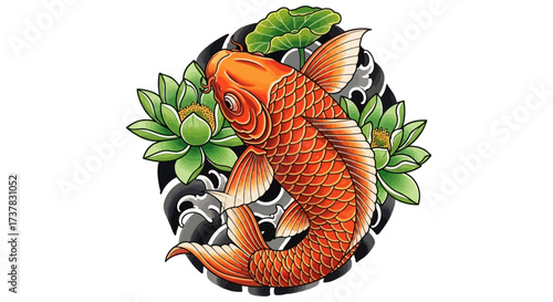 Elegant koi fish illustration gracefully swimming among lotus blossoms and stylized waves for