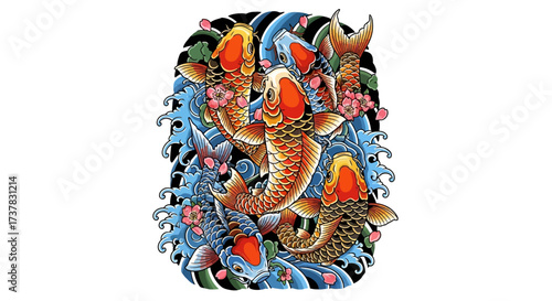 Auspicious koi fish ensemble with swirling waters and delicate blossoms in traditional design