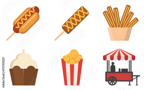 A set of six colorful flat icons depicting classic fair and street food.