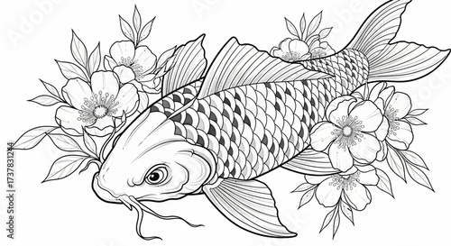Koi carp fish surrounded by cherry blossoms detailed line art illustration design