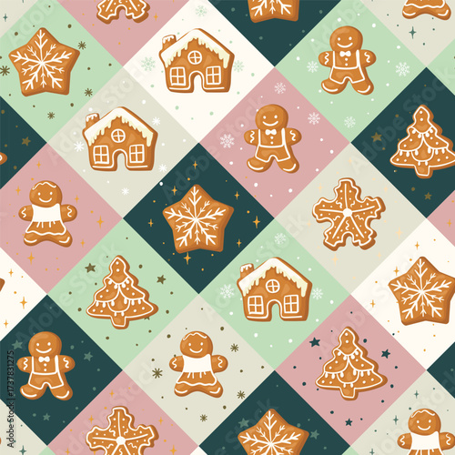Winter seamless patterns with gingerbread cookies. Awesome holiday mosaic background. Christmas repeating texture for surface design, wallpapers, fabrics, wrapping paper etc.