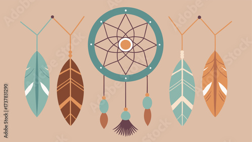 A macrame wall hanging next to a dream catcher both incorporating feathers and shells.