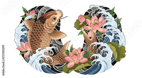 Golden koi amidst lotus blooms and swirling waves symbolizing prosperity and beauty