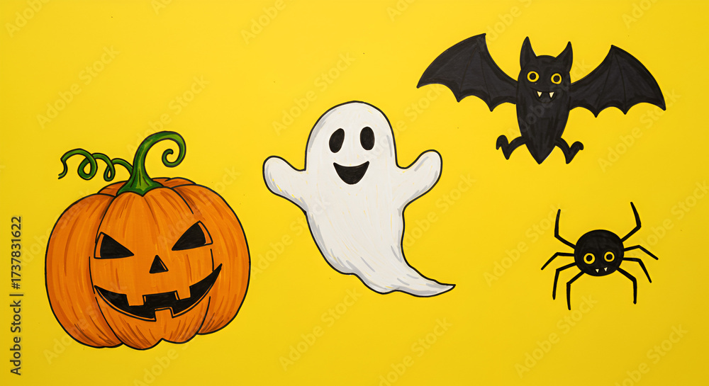 Fototapeta premium Cartoon halloween elements on yellow background: pumpkin, ghost, bat and spider