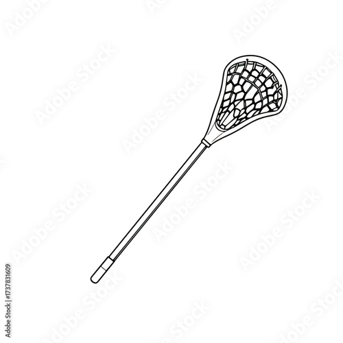 Isolated lacrosse stick outline, featuring intricate net and long handle for precision shots. Depicting lacrosse stick equipment emphasizes active sport.