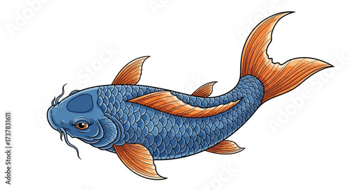 Intricate illustration of a vibrant blue koi fish with detailed scales and flowing fins