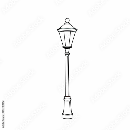 Isolated street lamp illustration with white background, elegant lamp shines brightly. Street lamp as simple drawing with details, classic design. Use isolated street lamp in city advertising.