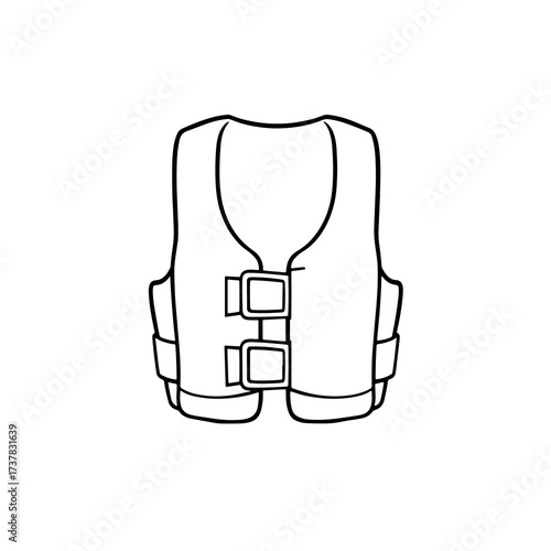 Life jacket shown in simple line drawing on white background. Life jacket for safety and security when boating or swimming, protecting one from accidental drowning.