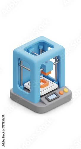 Compact Blue 3D Printer Creating Orange Object on White Background.