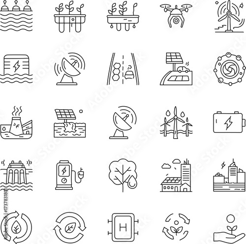 A collection of icons illustrating green energy and sustainability, perfect for conveying messages about environmental conservation and technological innovation.