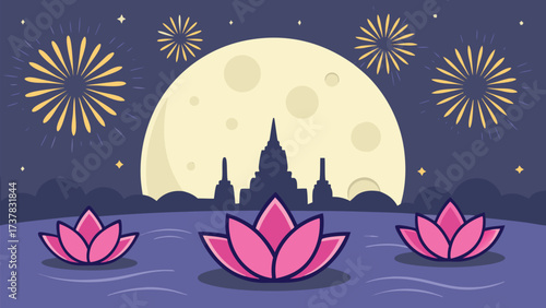 Floating lotus flowers reflect golden fireworks against a full moon and temple silhouette