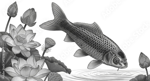 Elegant monochrome composition featuring a koi fish gracefully gliding near lotus flowers serene