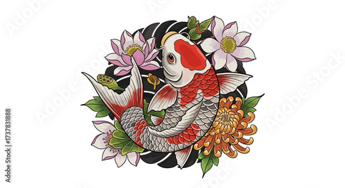 Elegant koi fish amidst lotus and chrysanthemum blooms symbolizing resilience and beauty