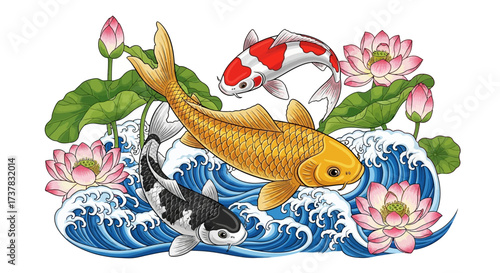 Elegant koi fish illustration with water lilies and serene waves creating a peaceful aquatic scene