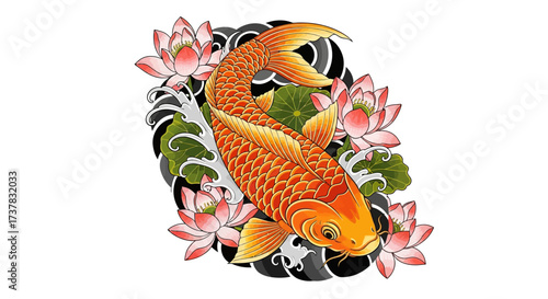 Intricate koi fish entwined with lotus blossoms artwork symbol of luck and prosperity