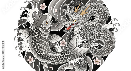 Monochromatic Japanese tattoo design showcasing a Koi fish and a dragon amidst swirling waves
