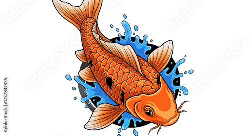 Graceful koi fish illustration with dynamic water splash design against clean backdrop