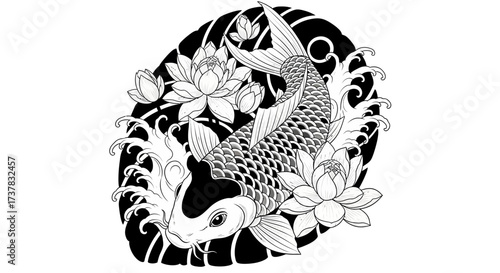 Elegant koi fish illustration surrounded by lotus flowers and stylized waves, black and white