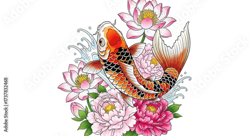 Graceful Koi Fish Amidst Blooming Lotus and Peony Flowers in Artistic Watercolor Style
