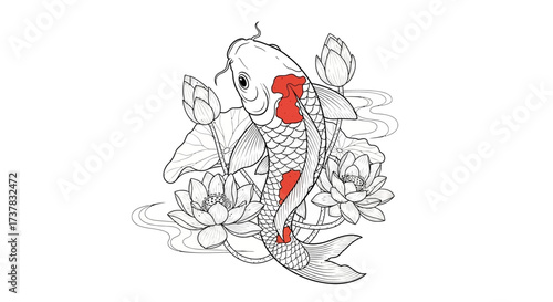 Elegant koi fish illustration with delicate lotus flowers and gentle water ripples design
