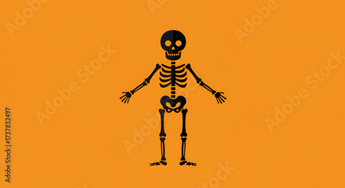 Spooky skeleton silhouette standing on a vibrant orange background for halloween