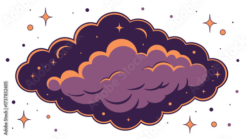 Isolated cloudscape showcases purple clouds and stars outlined with orange against a white background