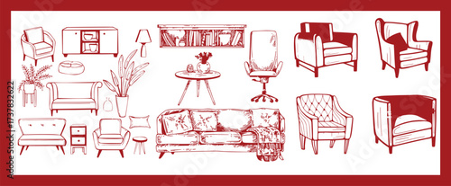 Doodle sketch of living room furniture, hand-drawn in different sizes and types, modern and vintage. Scandinavian furniture Interior elements Boho style. Vector illustration