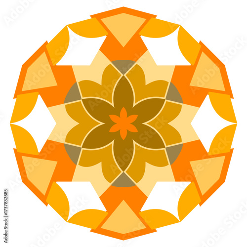 Circular mandala with warm orange, yellow, and brown tones in symmetrical geometric layers, ideal for meditation themes, spiritual design, and decorative backgrounds.