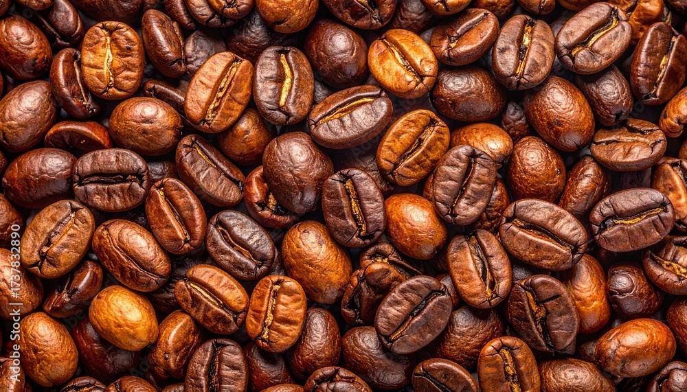 Fototapeta premium Full-frame background texture of freshly roasted coffee beans, rich in color and detail, symbolizing quality, aroma, and the essence of coffee culture.