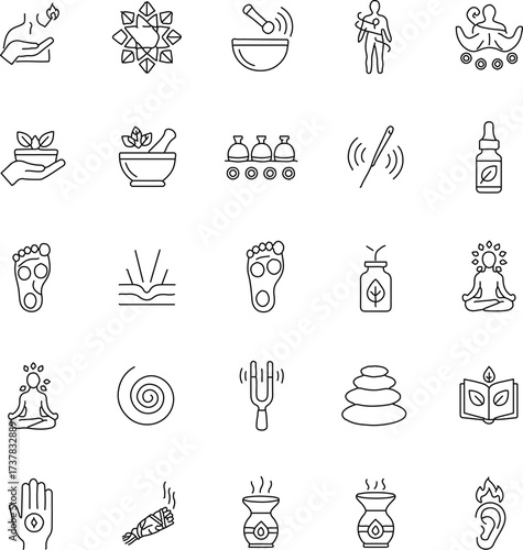 Collection of vector-style icons, ideal for wellness and alternative medicine. Featuring meticulously crafted designs representing elements such as meditation, aromatherapy, and more. 