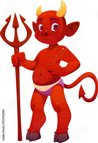 Cartoon devil Halloween scary character, vector creepy imp personage. Hell creature with red skin, horns, peaky tail and hoofed legs standing with a trident in its arm, ready for holiday celebration
