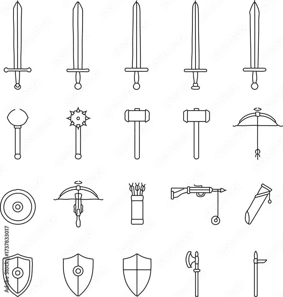 Obraz premium A collection of detailed, line-art illustrations of various medieval weapons. The image shows a variety of bladed and ranged weapons, including swords, maces, axes, and shields. 