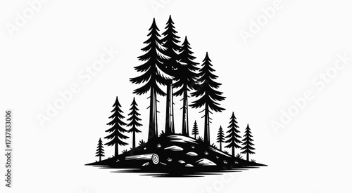 Monochrome illustration of a pine tree forest grove on a hilly patch of land. Vector graphic with a woodcut style for nature and outdoor themes