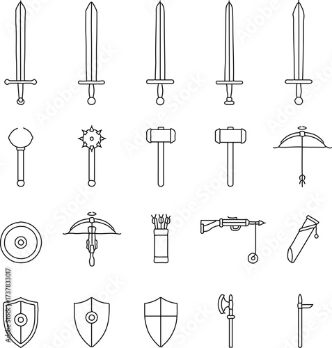 A collection of detailed, line-art illustrations of various medieval weapons. The image shows a variety of bladed and ranged weapons, including swords, maces, axes, and shields. 