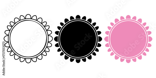 Round flower frame outline and silhouette pack. Hand drawn scalloped circle frame vector set with various variations
