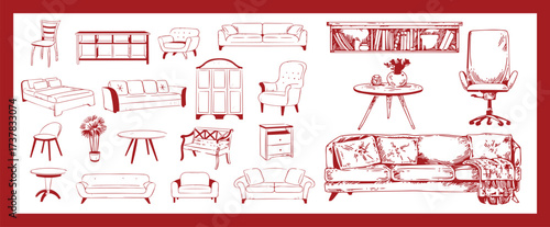 Doodle sketch of living room furniture, hand-drawn in different sizes and types, modern and vintage. Scandinavian furniture Interior elements Boho style. Vector illustration