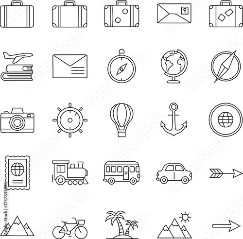 A curated collection of travel and adventure icons, each a symbol of wanderlust, exploration, and the joy of discovery. A minimalist artistic style.