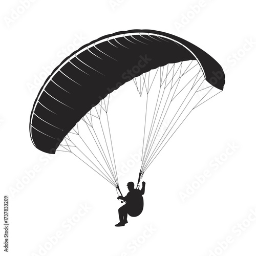 Striking black and white vector silhouette of a paraglider in flight, representing freedom, adventure, and extreme aerial sports, ideal for design projects
