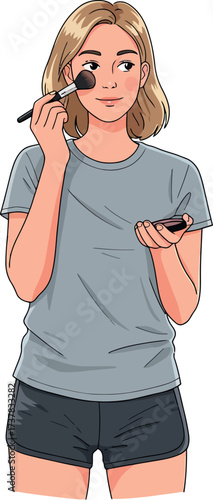 Illustration of a young woman with short blonde hair applying make up while wearing everyday sportswear, isolated on white background