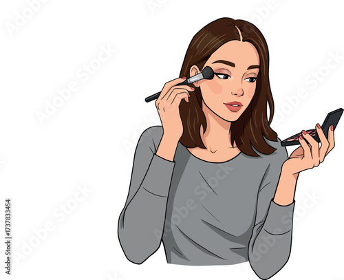 Illustration of a young woman with brown hair wearing grey clothing and applying make up, isolated on white background