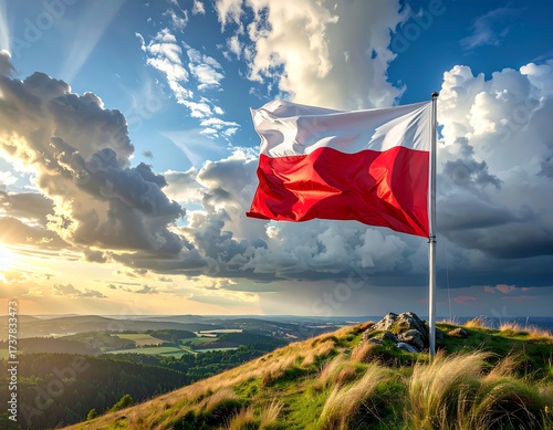 Fototapeta Naklejka Na Ścianę i Meble -  Polish Flag Waving High Above Landscape.