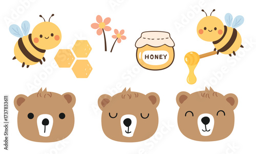 Cute bees and honey set with jar, dipper, hexagon comb, wildflowers, and three bear faces in different emotions, hand-drawn pastel clipart for nursery prints, cards, stickers, and packaging