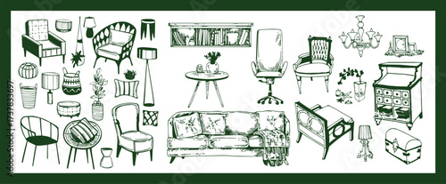 Doodle sketch of living room furniture, hand-drawn in different sizes and types, modern and vintage. Scandinavian furniture Interior elements Boho style. Vector illustration