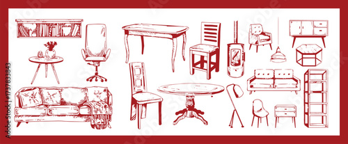 Doodle sketch of living room furniture, hand-drawn in different sizes and types, modern and vintage. Scandinavian furniture Interior elements Boho style. Vector illustration