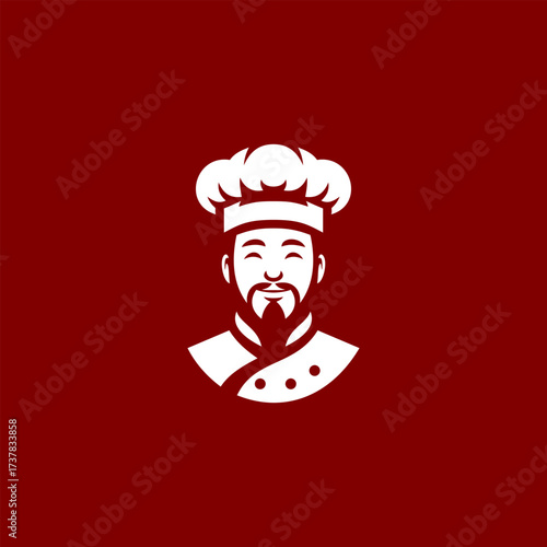 Vector illustration of a smiling chef with a hat and beard on red background