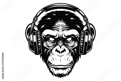 Vector art of detailed monochrome illustration of a monkey wearing headphones, the apes intense expression and modern accessory create a striking contrast