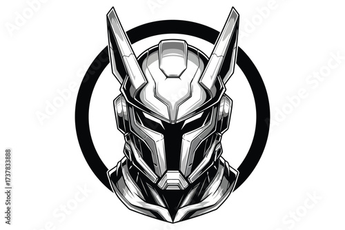 Illustration of a futuristic robot head, showcasing intricate details and a sleek design, perfect for science fiction or gaming themes