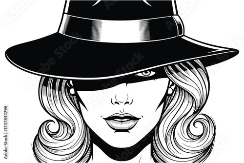 Vector art of elegant monochrome illustration of a mysterious woman with wavy hair wearing a widebrimmed hat, partially obscuring her face