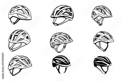 Variety of sleek bicycle helmets for safety and style from a vector graphic, perfect for cycling safety campaigns and sporting goods promotions